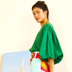 Farm Rio Swiss Dor Blouse Balloon Sleeve Green